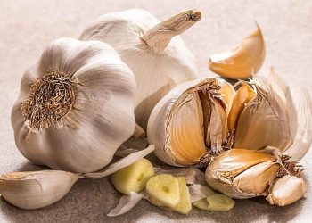Garlic bulbs and cloves on a table with sliced pieces nearby.