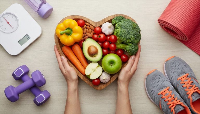 Healthy lifestyle essentials: vegetables, dumbbells, yoga mat, and scale on a table.