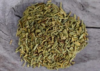 Dried rosemary leaves on rustic wooden surface.