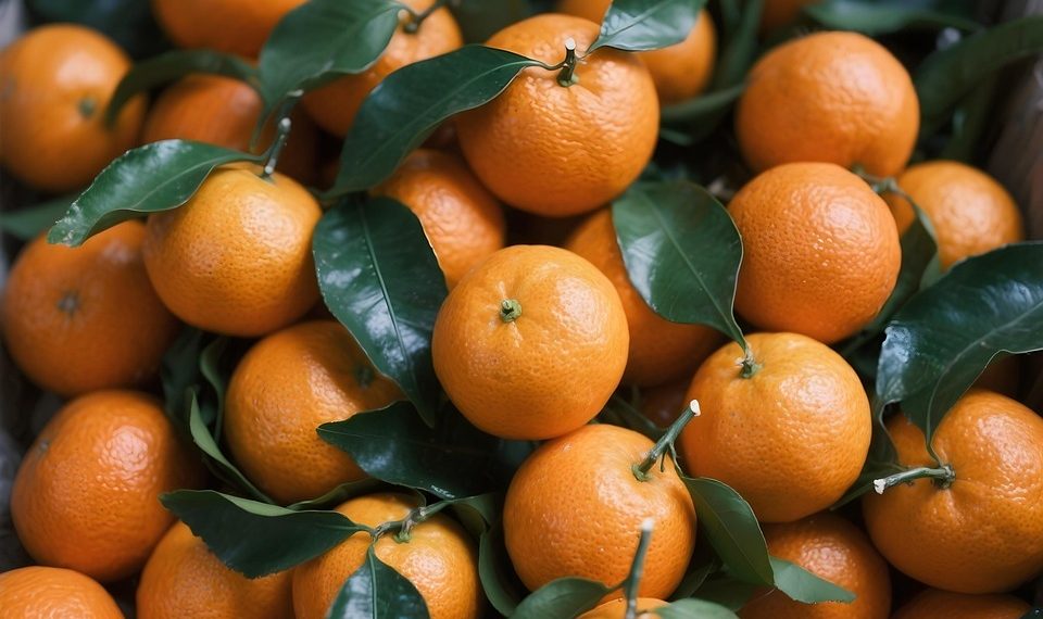Juicy oranges with green leaves in a basket.