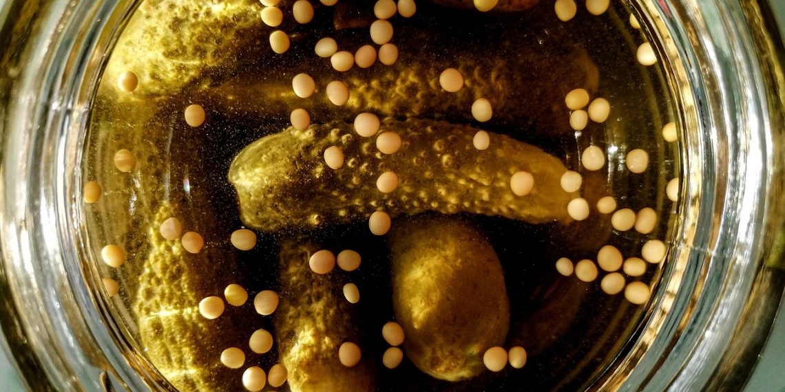 Pickles and mustard seeds in brine jar.