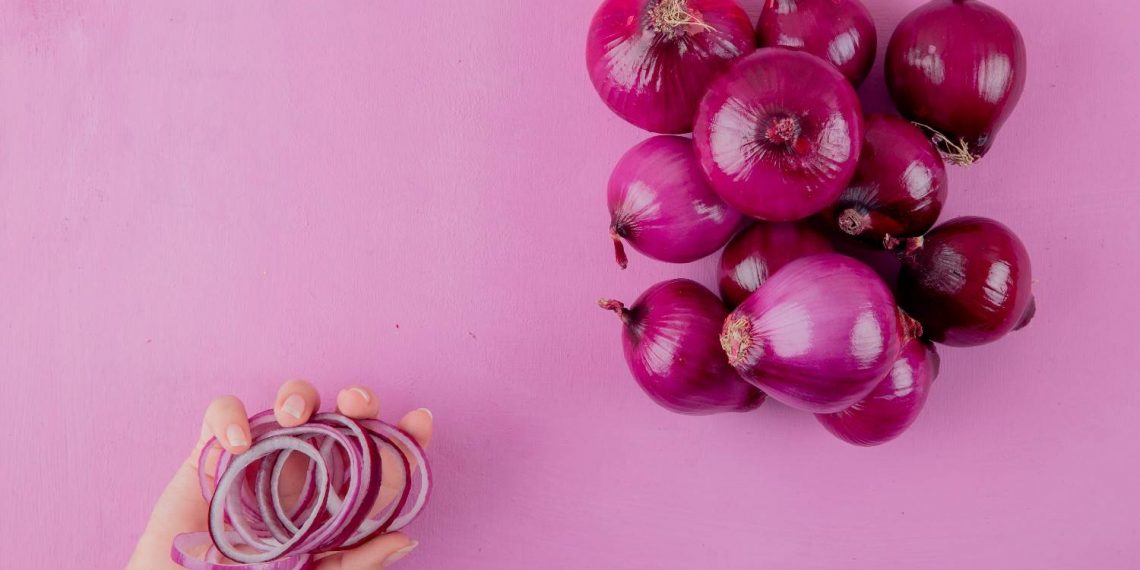 Hand holding sliced red onion rings next to whole onions.