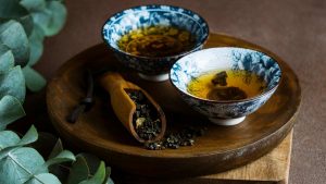 Tea cups and herbs assortment