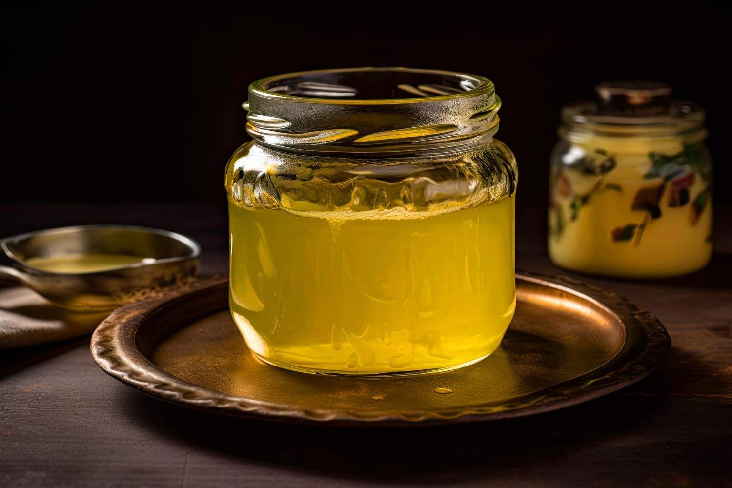 Ghee or clarified butter in jar on wooden table ai generative