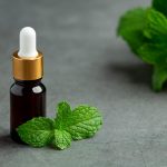 Essential oil of peppermint in bottle with fresh green peppermint