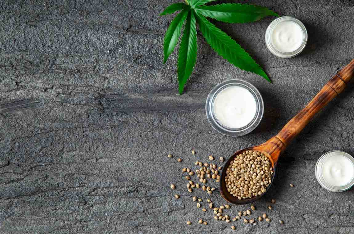 Top view cbd treatment still life hemp seeds