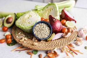 Closeup a bowl of sunflower seeds and other healthy foods on the kitchen