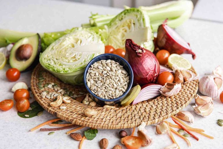 Closeup a bowl of sunflower seeds and other healthy foods on the kitchen