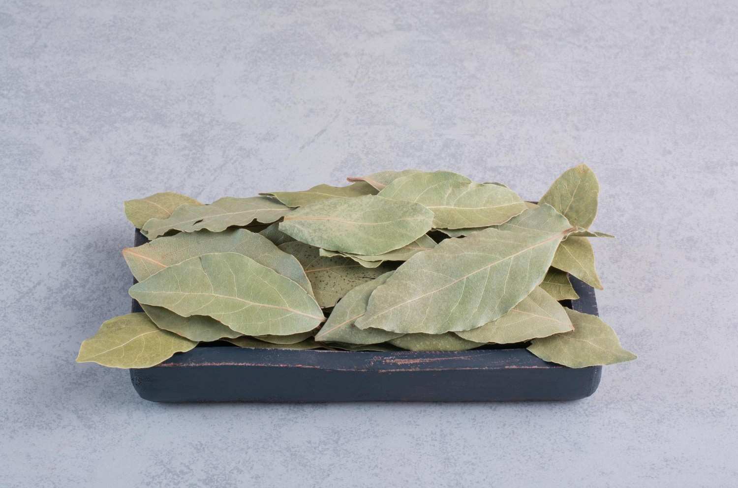 Dry green bay leaves buchu leaf on concrete background