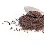 a pile of black seed next to a spoon