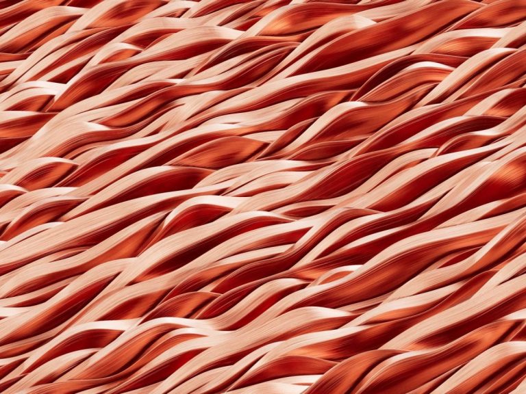 Dynamic abstract wave patterns in red and beige, creating a flowing texture and design.