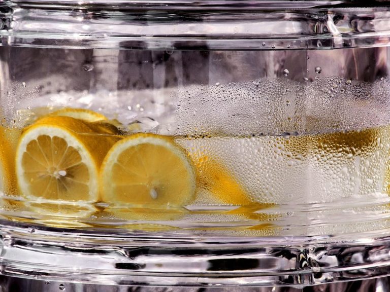 Lemon slices floating in clear liquid with condensation